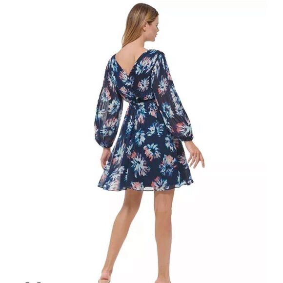 DKNY Pleated Balloon-Sleeve Dress navy pink size 2 - Picture 4 of 13